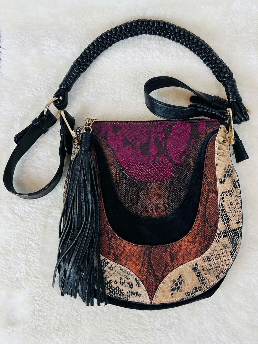Sam Edelman Multicolor Snake-Print Suede Accent Shoulder Bag - Black Strap